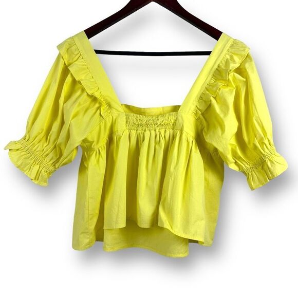 Sugarlips Women's Size M Square Neck Peasant Blouse Bright Yellow Puff Sleeve Ne - Picture 2 of 9